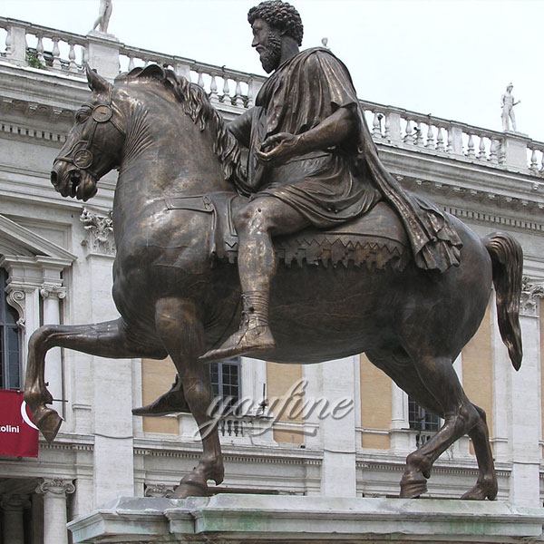 Antique roman life size bronze horse sculpture with riding man for sale