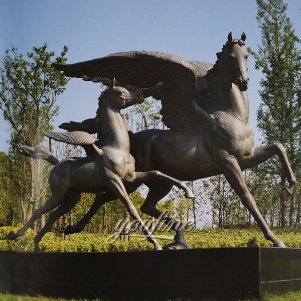 Bronze winged race horse sculptures with little poney statues for sale