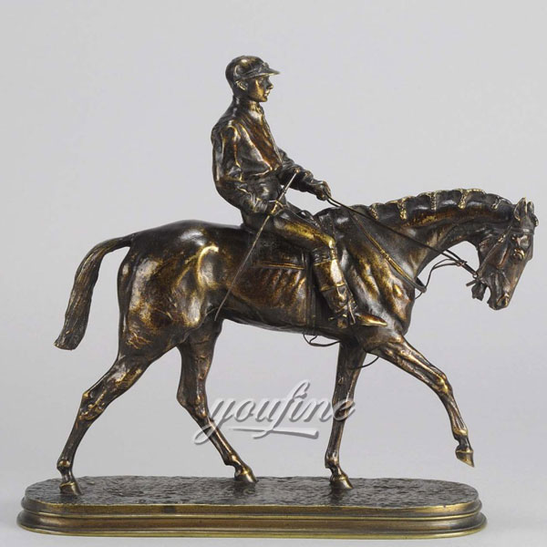 Large standing bronze horse and jockey sculpture for sale