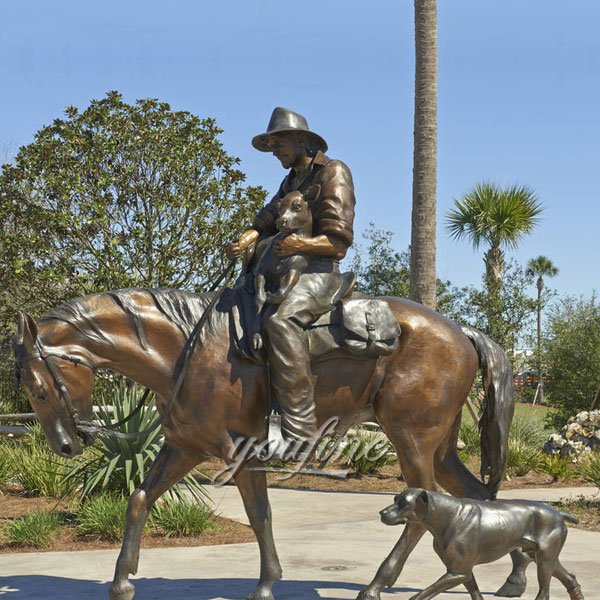 Life size bronze man riding horse statue