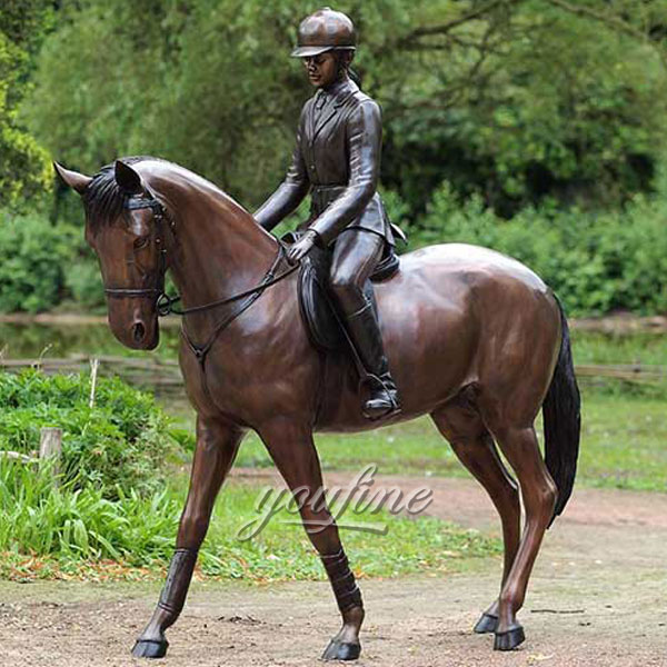 Outdoor bronze home decor life size bronze horse sculpture with female jockey statues for sale