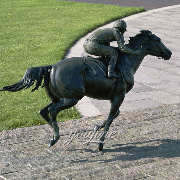 Outdoor life size bronze race horse and jockey sculptures for sale